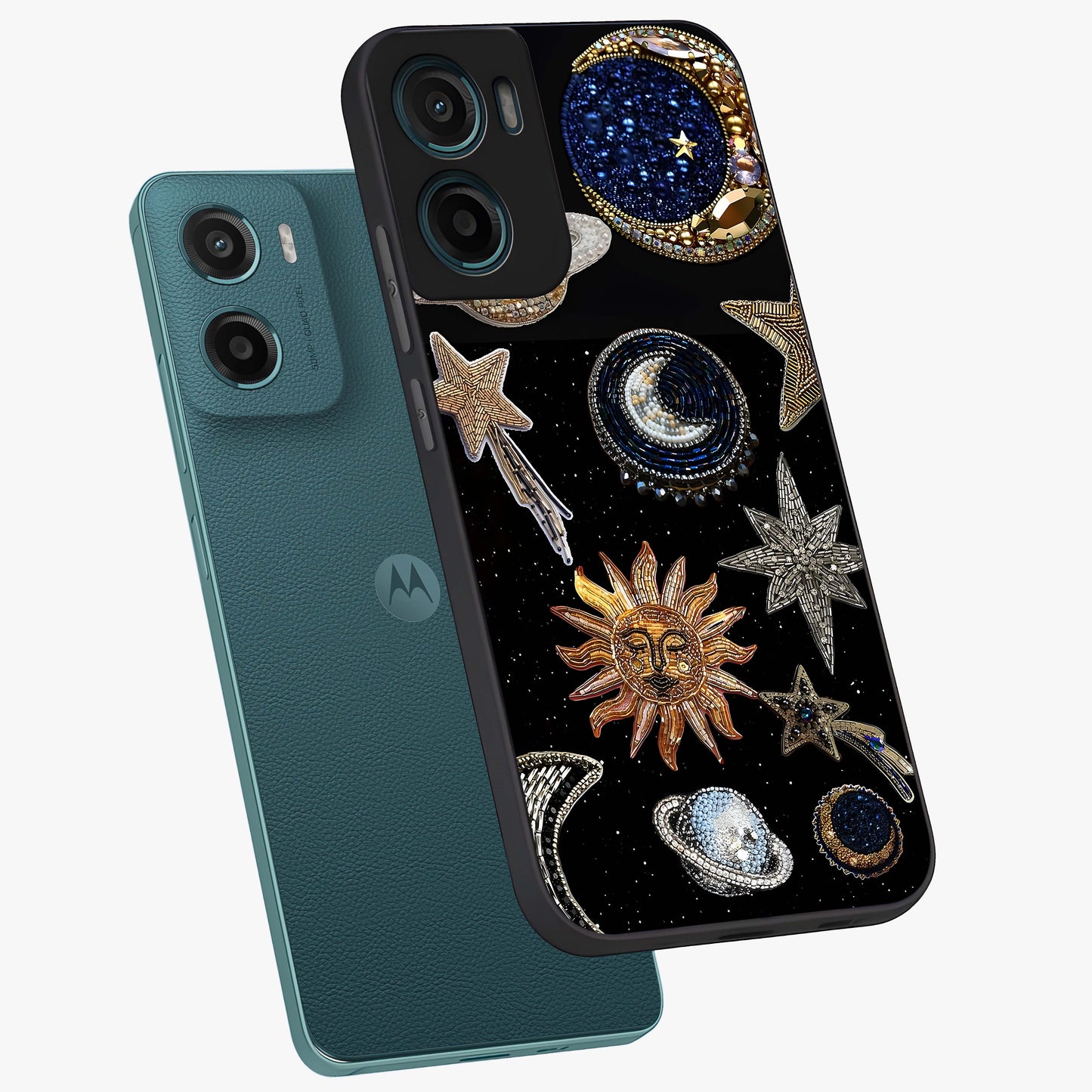 Celestial Gem Constellations Glass Case displayed in angled mockup highlighting gemstone inspired constellation design.