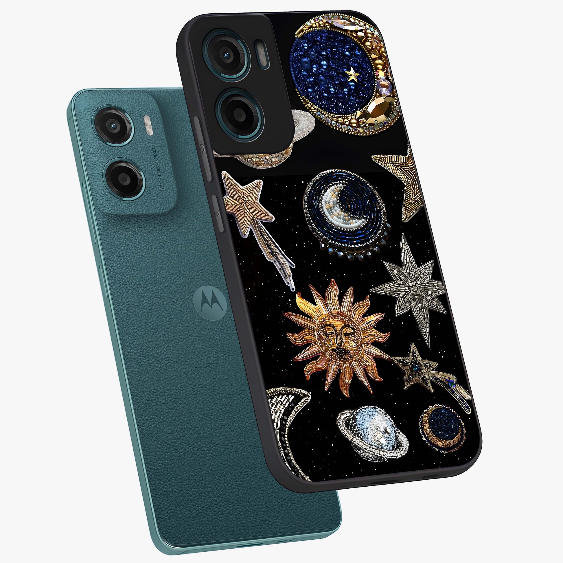 Celestial Gem Constellations Glass Case displayed in angled mockup highlighting gemstone inspired constellation design.