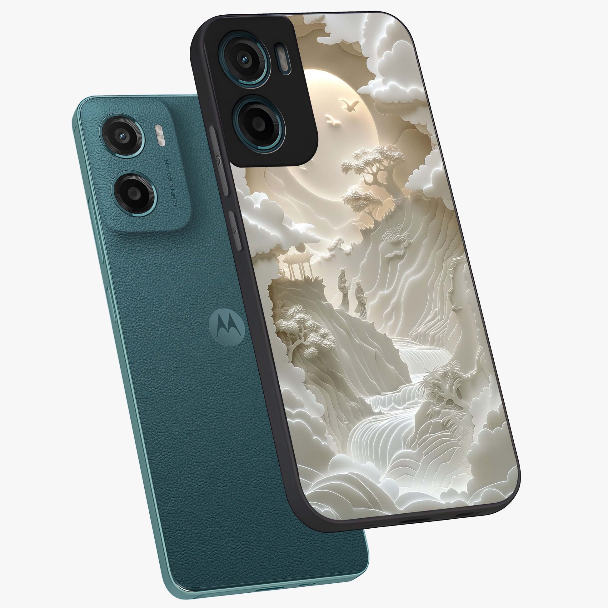 Celestial Origami Glass Case displayed in angled mockup highlighting geometric origami design with cosmic aesthetic theme.