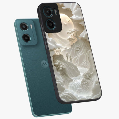 Celestial Origami Glass Case displayed in angled mockup highlighting geometric origami design with cosmic aesthetic theme.
