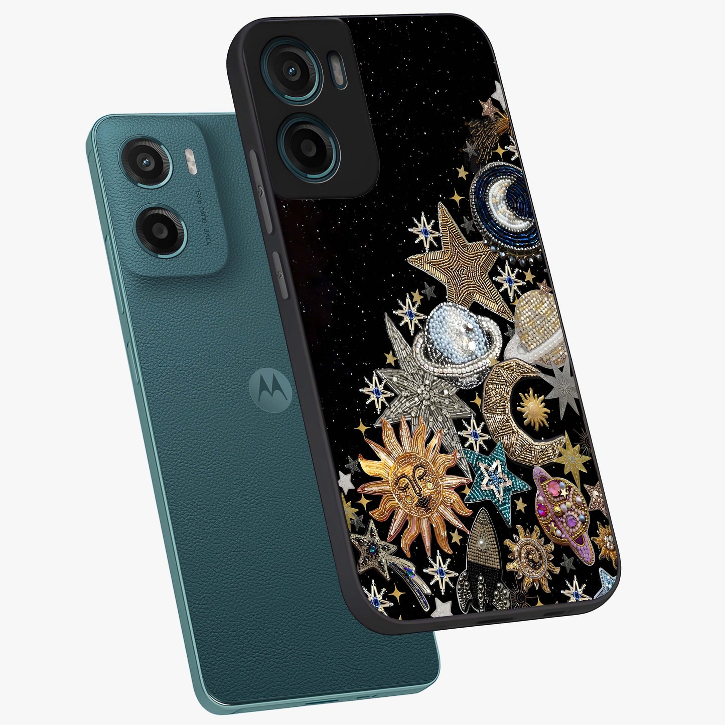 Cosmic Sparkle Dreams Glass Case displayed in angled mockup highlighting dreamy star sparkle design with celestial aesthetic.