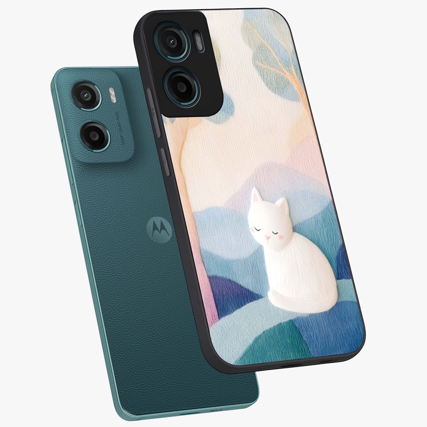 Cotton Dream Cat Glass Case displayed in angled mockup highlighting cute feline illustration with pastel aesthetic style.