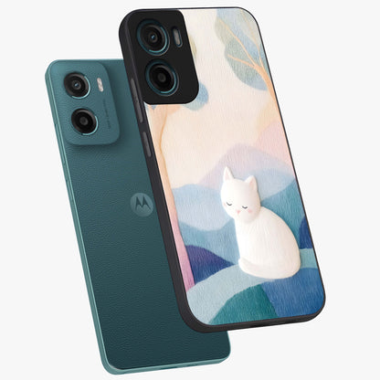 Cotton Dream Cat Glass Case displayed in angled mockup highlighting cute feline illustration with pastel aesthetic style.