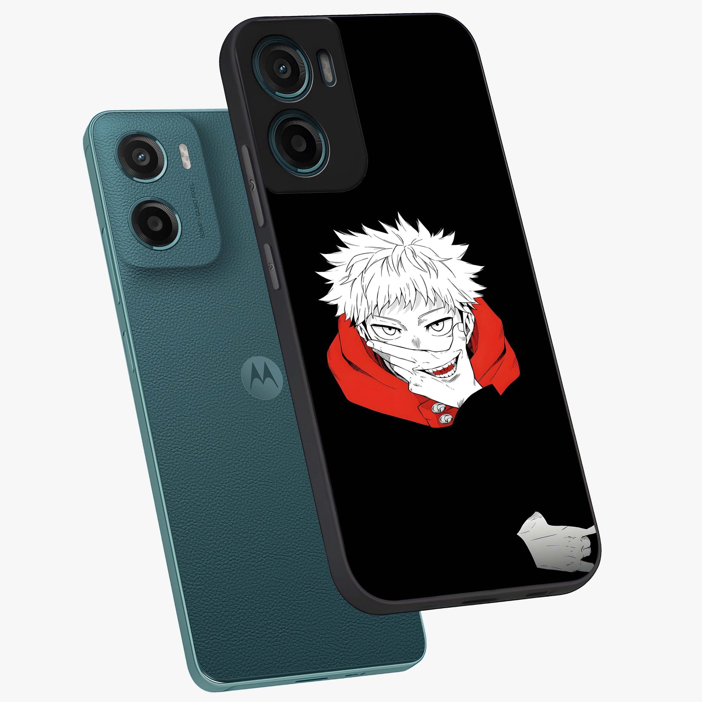 Crimson Chaos Smile Glass Case displayed in angled mockup highlighting edgy crimson smile design with graphic aesthetic.