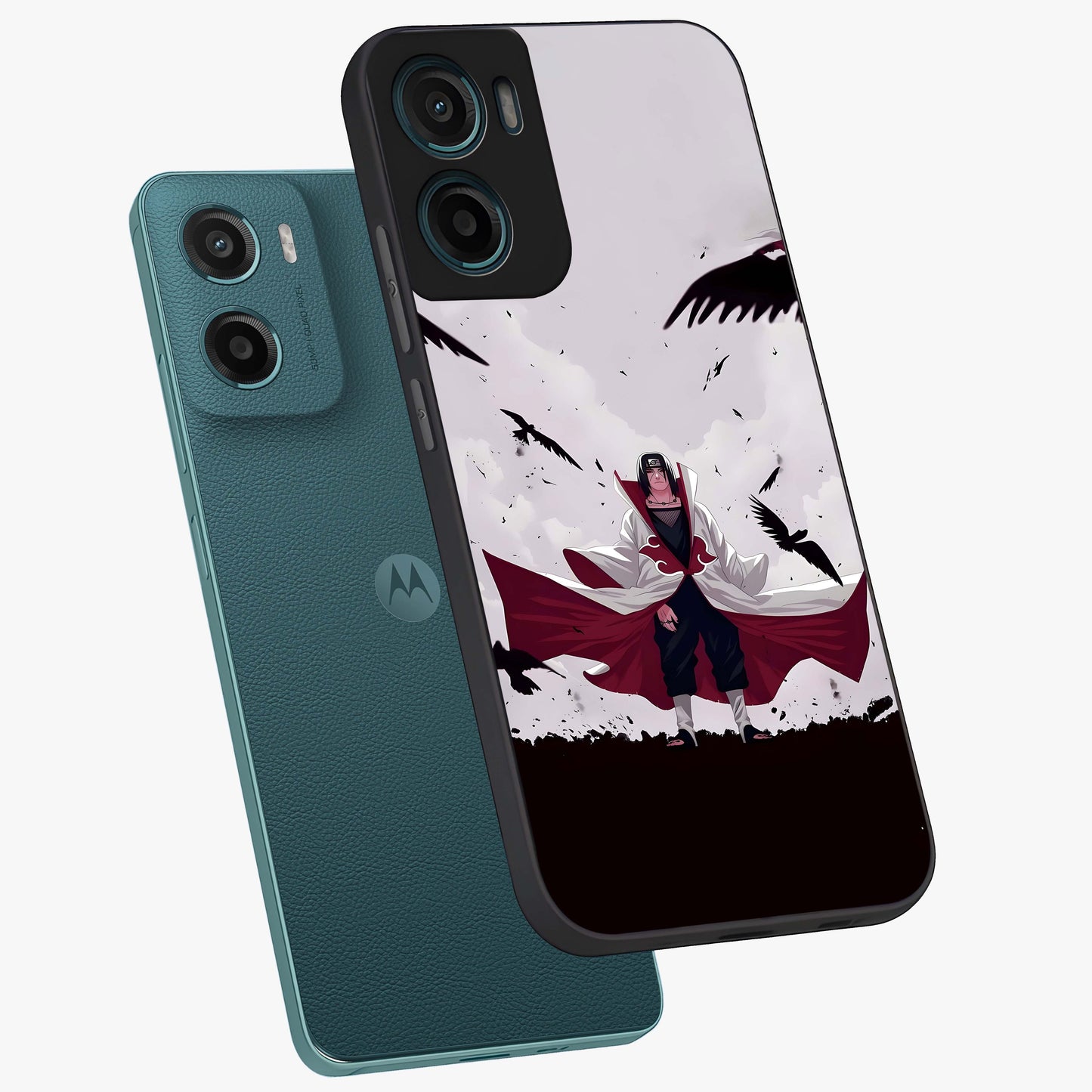 Crimson Crow Ascension Glass Case displayed in angled mockup highlighting powerful crow illustration with dark crimson aesthetic.