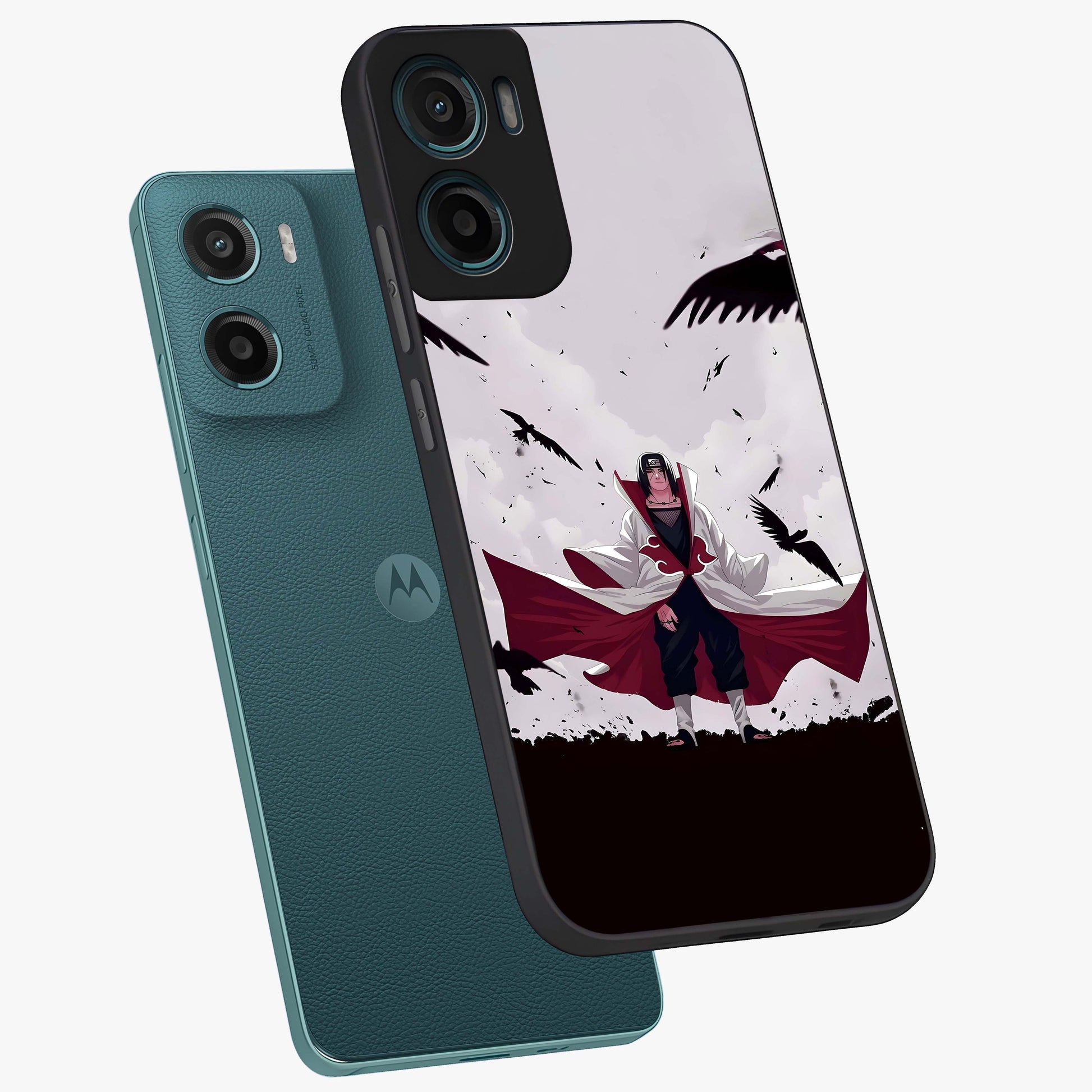 Crimson Crow Ascension Glass Case displayed in angled mockup highlighting powerful crow illustration with dark crimson aesthetic.