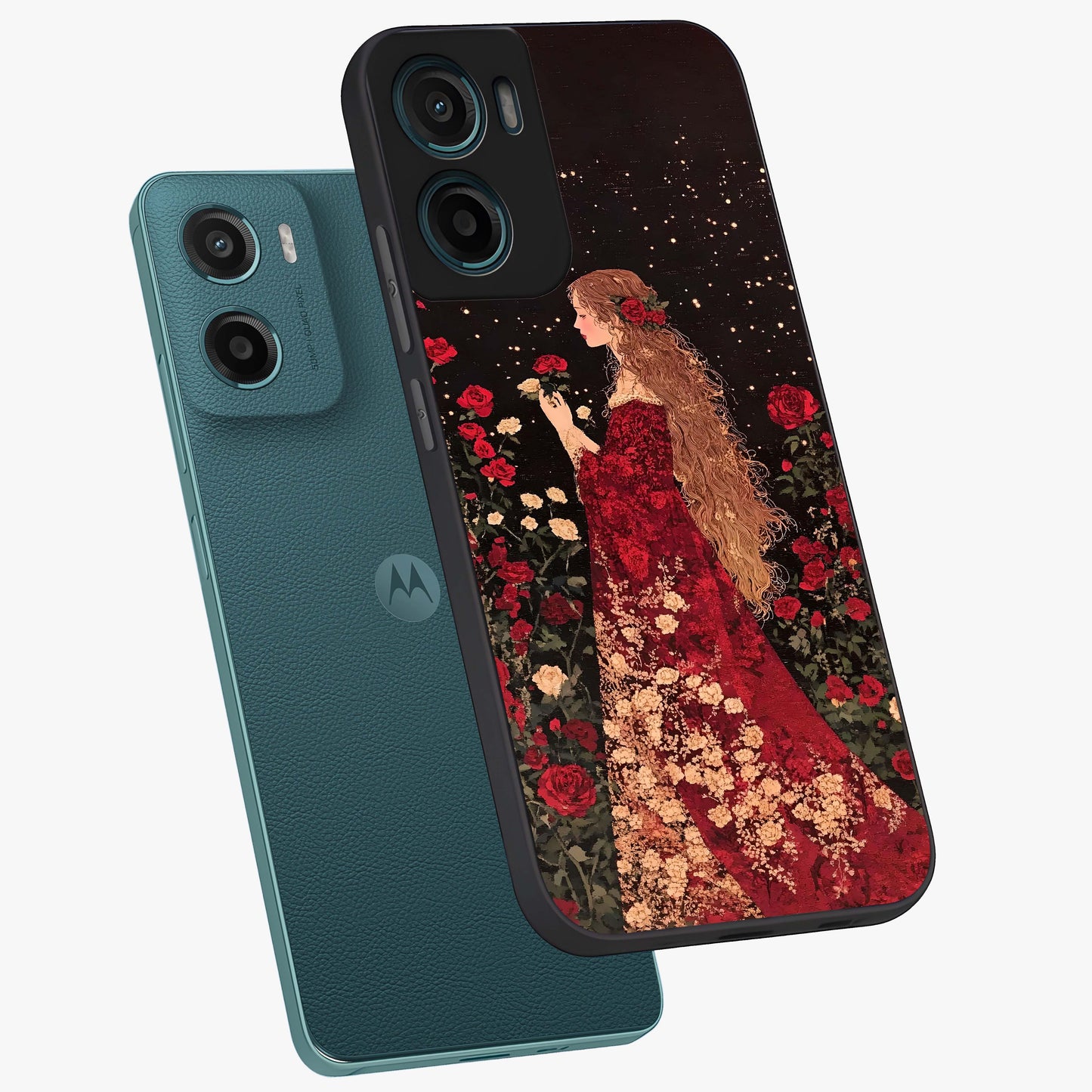 Crimson Dreams Glass Case displayed in angled mockup highlighting soft crimson aesthetic design with artistic theme.