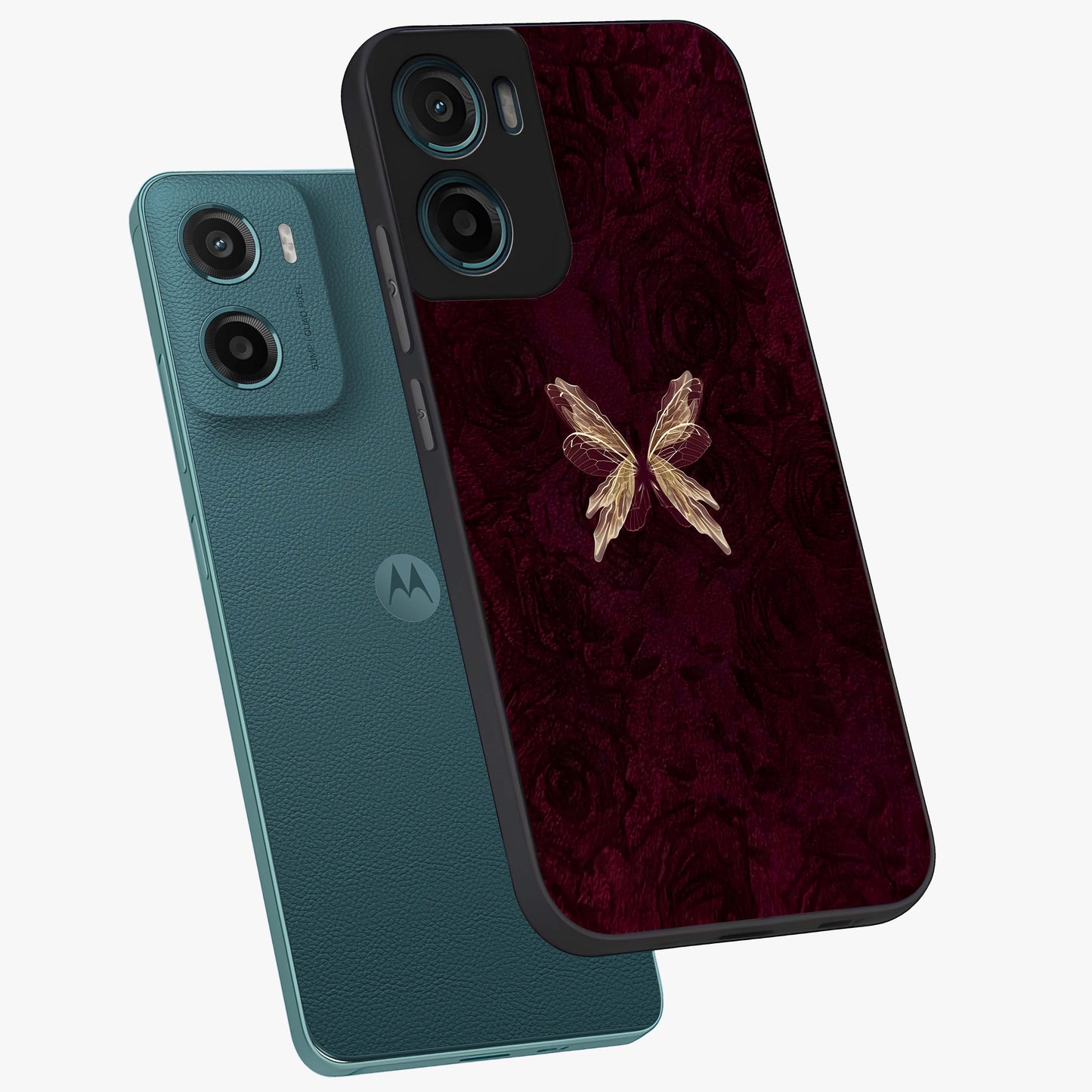 Crimson Fade Butterfly Glass Case displayed in angled mockup highlighting elegant butterfly design with crimson gradient aesthetic.