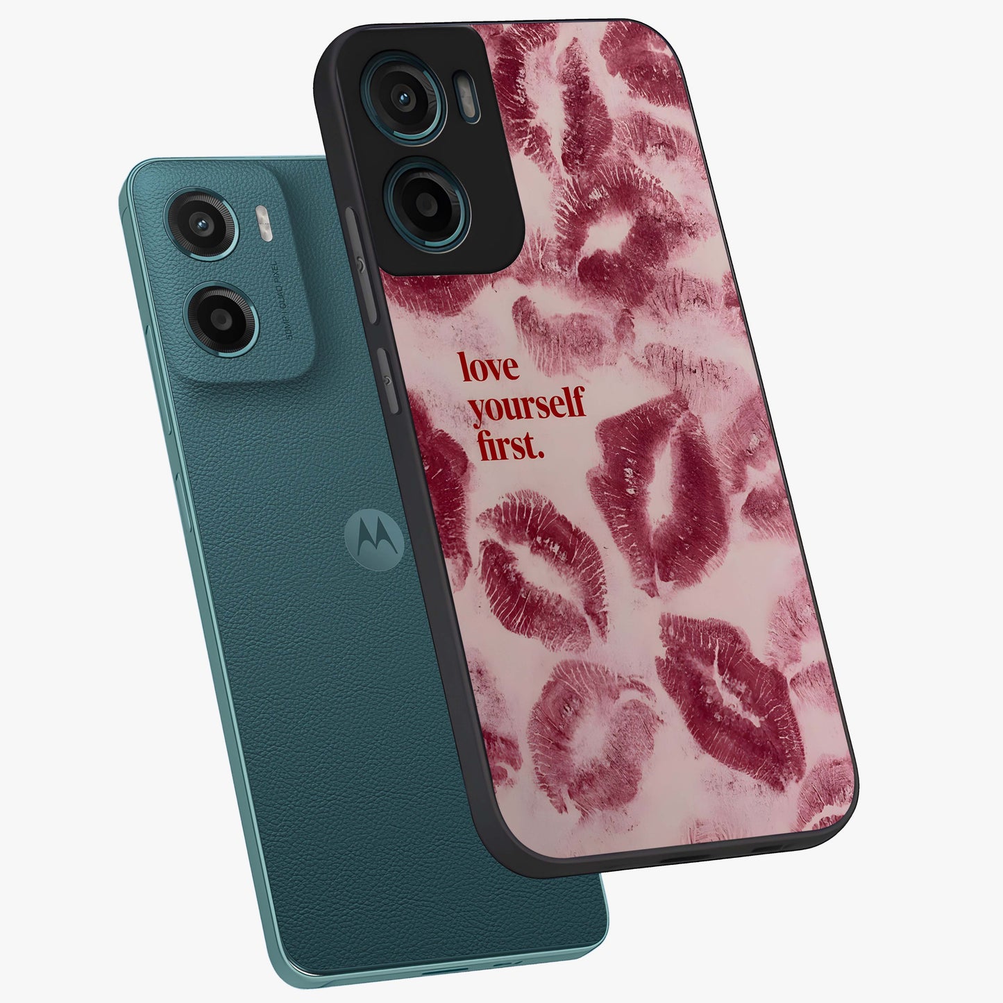 Crimson Kiss Love Glass Case displayed in angled mockup highlighting bold love inspired design with modern aesthetic style.