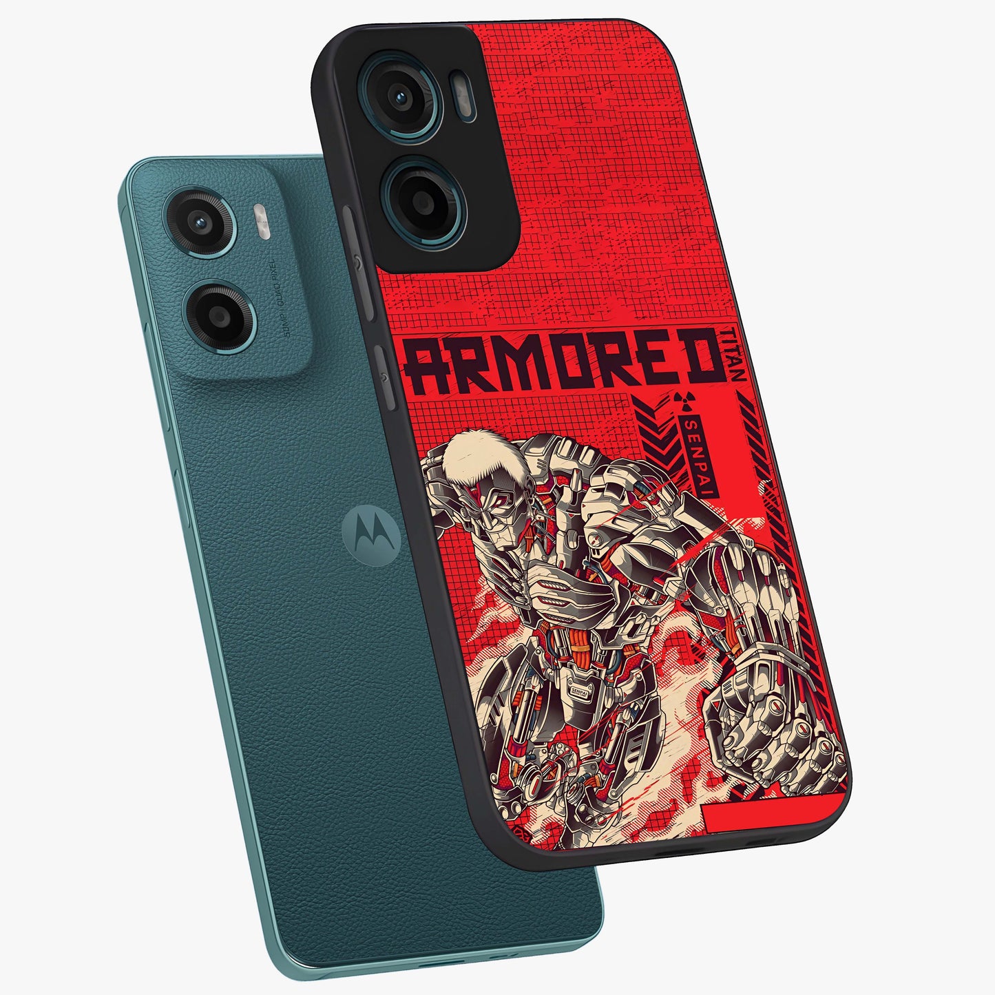 Crimson Mecha Titan Glass Case displayed in angled mockup highlighting futuristic mech illustration with bold crimson aesthetic.