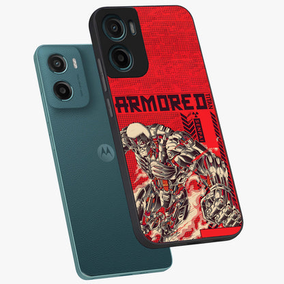 Crimson Mecha Titan Glass Case displayed in angled mockup highlighting futuristic mech illustration with bold crimson aesthetic.