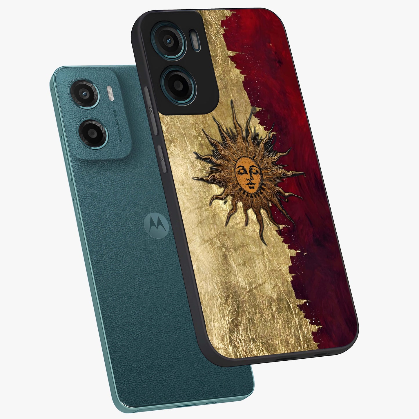 Crimson Sun Majesty Glass Case displayed in angled mockup highlighting majestic crimson sun design with bold aesthetic style.