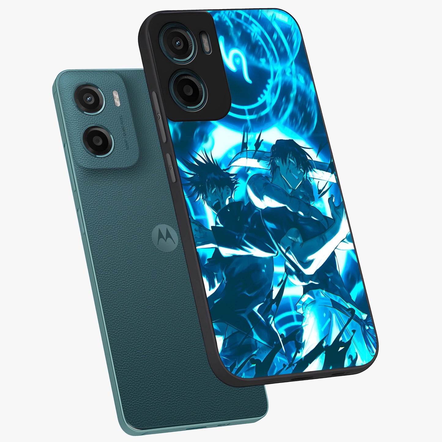 Cursed Energy Clash Glass Case displayed in angled mockup highlighting powerful battle inspired graphic with anime style aesthetic.