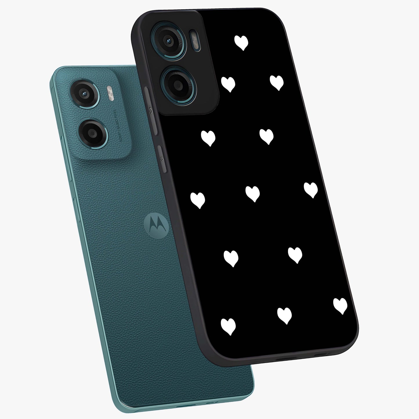 Cute And Simple White Hearts Glass Case displayed in angled mockup highlighting cute heart design with clean aesthetic style.