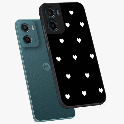 Cute And Simple White Hearts Glass Case displayed in angled mockup highlighting cute heart design with clean aesthetic style.