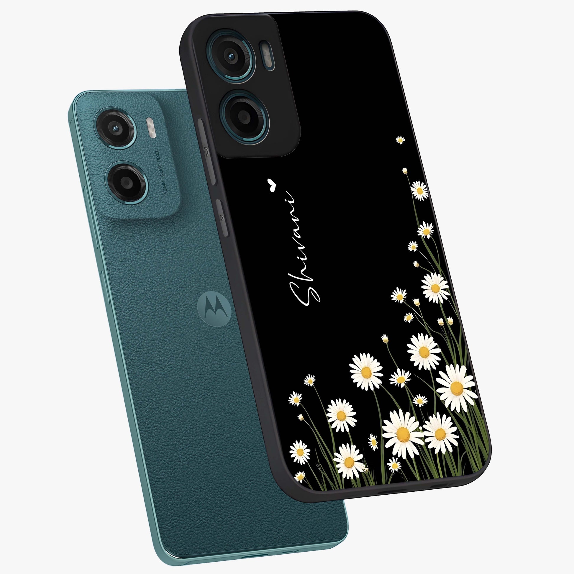 Daisy Cascade Custom Name Glass Case displayed in angled mockup highlighting delicate daisy artwork with custom name feature.