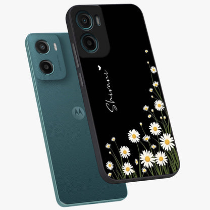 Daisy Cascade Custom Name Glass Case displayed in angled mockup highlighting delicate daisy artwork with custom name feature.