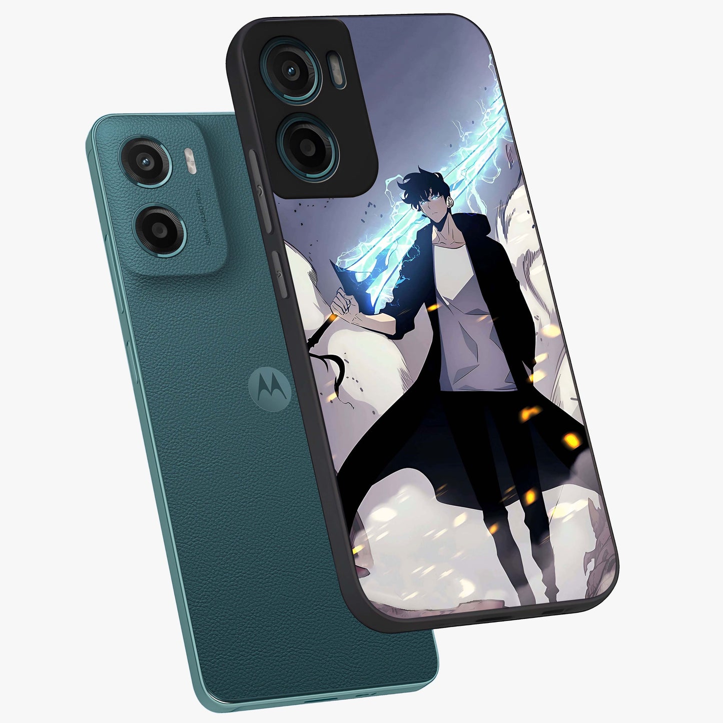 Dark Lightning Anime Warrior Glass Case displayed in angled mockup highlighting powerful lightning themed anime illustration.