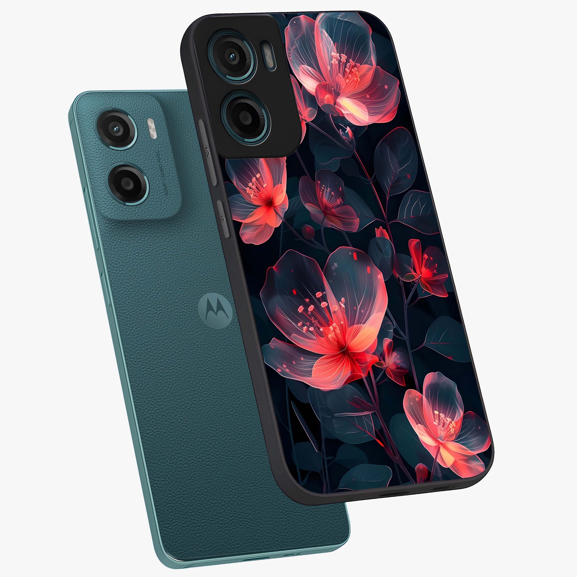 Dark Shade of Flower Glass Case displayed in angled mockup highlighting moody floral illustration with aesthetic dark tones.