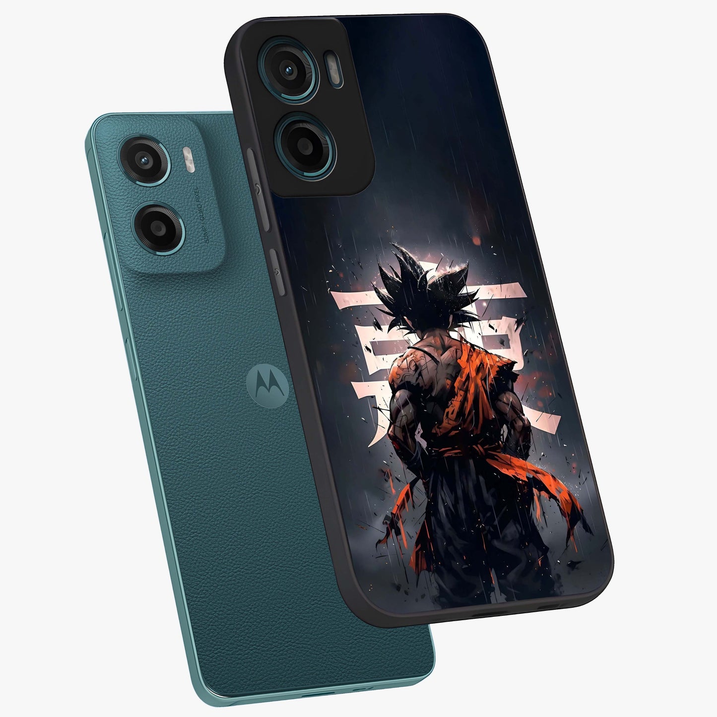 Dark Warrior In Rain Glass Case displayed in angled mockup highlighting dramatic warrior illustration with dark rain aesthetic.
