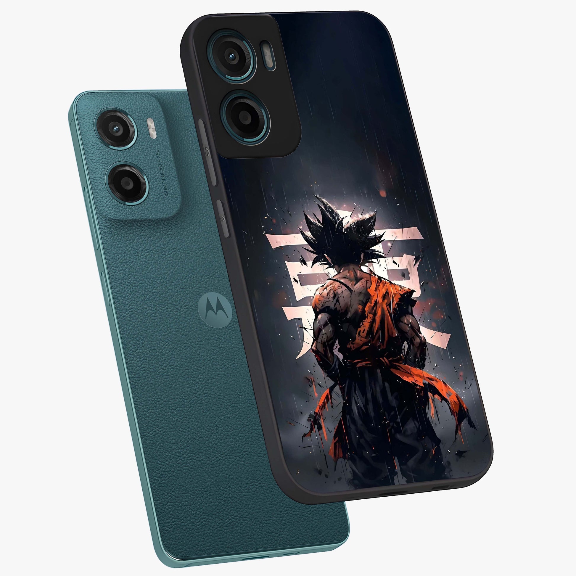 Dark Warrior In Rain Glass Case displayed in angled mockup highlighting dramatic warrior illustration with dark rain aesthetic.