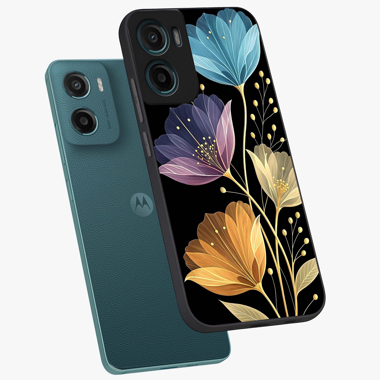 Delicate Multicolor Flowers Glass Case displayed in angled mockup highlighting colorful flower pattern with soft aesthetic style.
