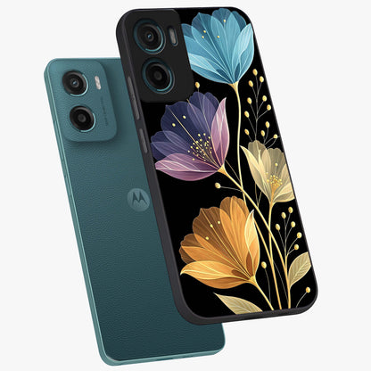 Delicate Multicolor Flowers Glass Case displayed in angled mockup highlighting colorful flower pattern with soft aesthetic style.