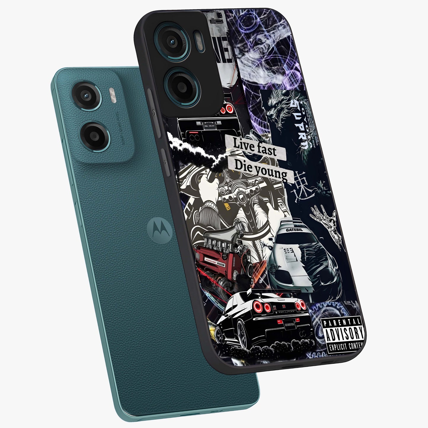 Die Young Glass Case displayed in angled mockup highlighting expressive graphic artwork with edgy aesthetic style.