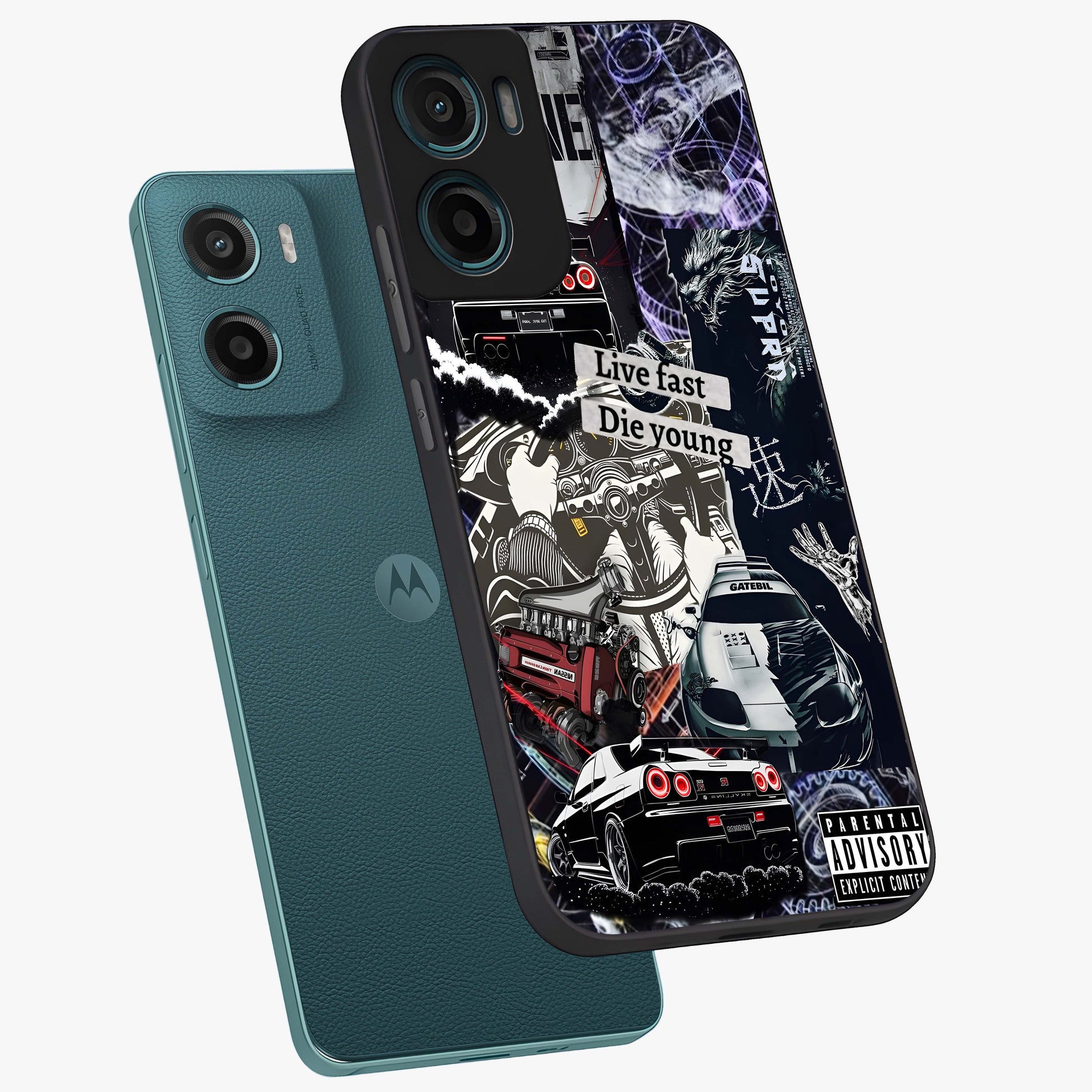 Die Young Glass Case displayed in angled mockup highlighting expressive graphic artwork with edgy aesthetic style.