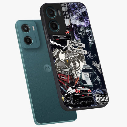 Die Young Glass Case displayed in angled mockup highlighting expressive graphic artwork with edgy aesthetic style.
