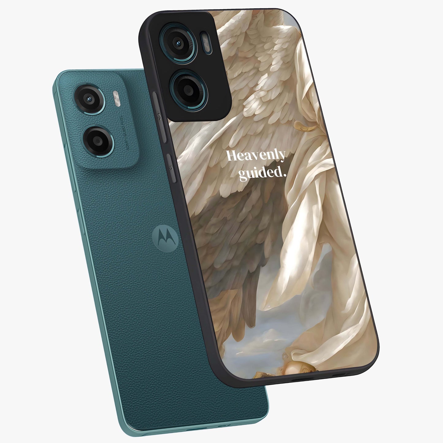 Divine Winged Grace Glass Case displayed in angled mockup highlighting graceful wing design with divine aesthetic style.
