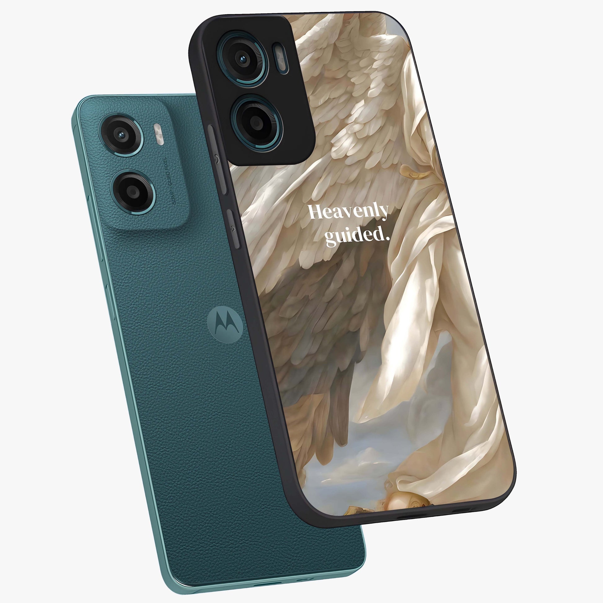 Divine Winged Grace Glass Case displayed in angled mockup highlighting graceful wing design with divine aesthetic style.