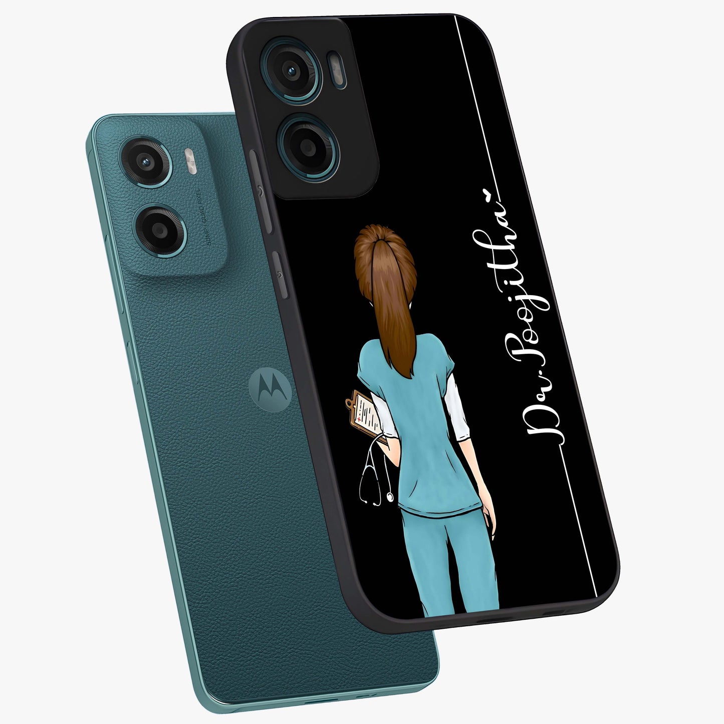 Doctor Pattern Custom Name Glass Case displayed in angled mockup highlighting doctor inspired artwork with custom name feature.