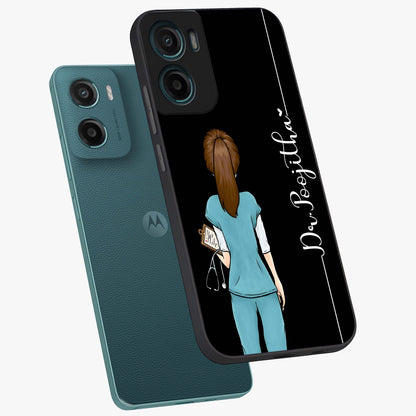 Doctor Pattern Custom Name Glass Case displayed in angled mockup highlighting doctor inspired artwork with custom name feature.