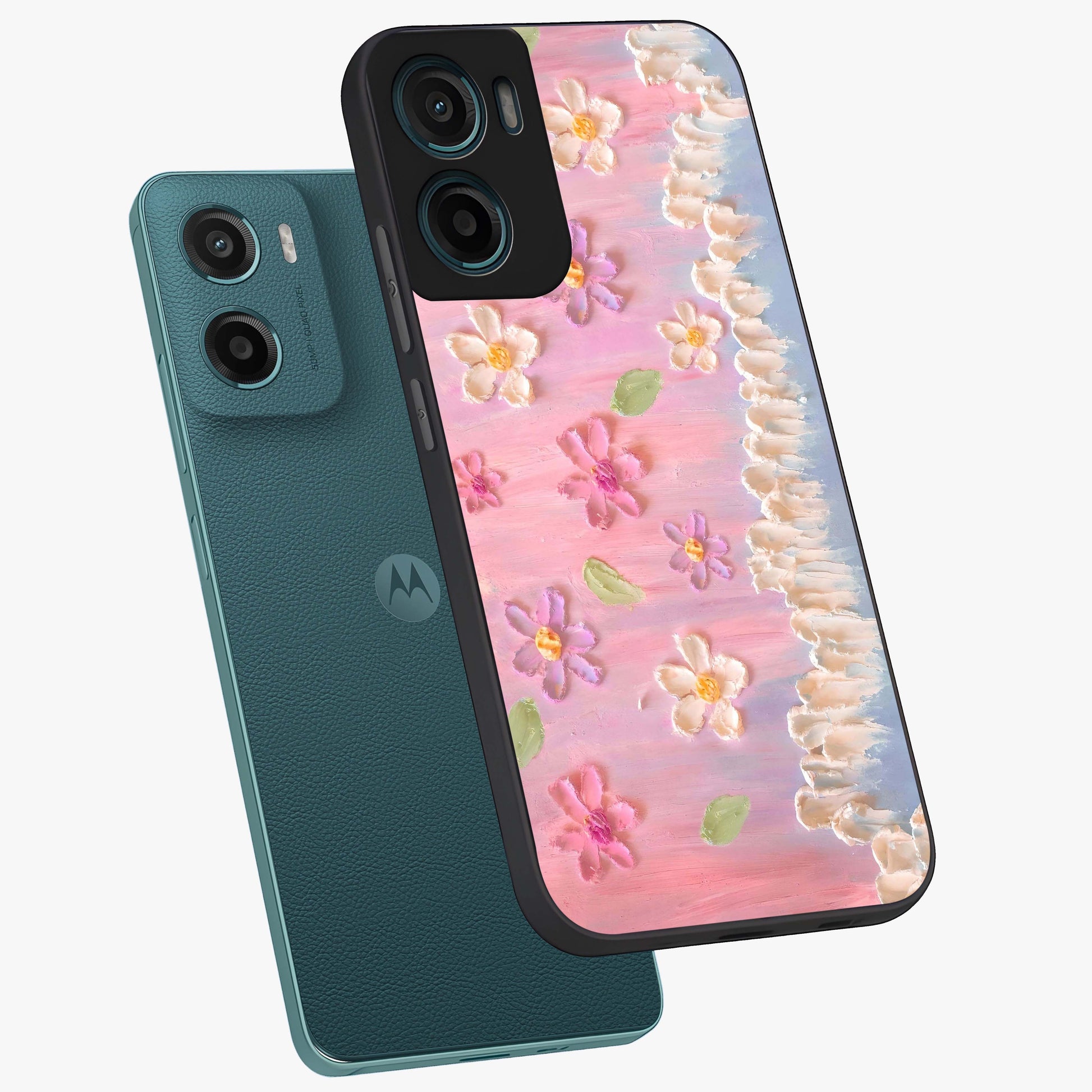 Dreamy Painted Garden Glass Case displayed in angled mockup highlighting colorful garden illustration with dreamy aesthetic style.