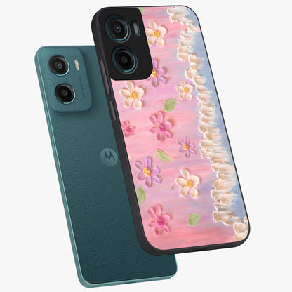 Dreamy Painted Garden Glass Case displayed in angled mockup highlighting colorful garden illustration with dreamy aesthetic style.