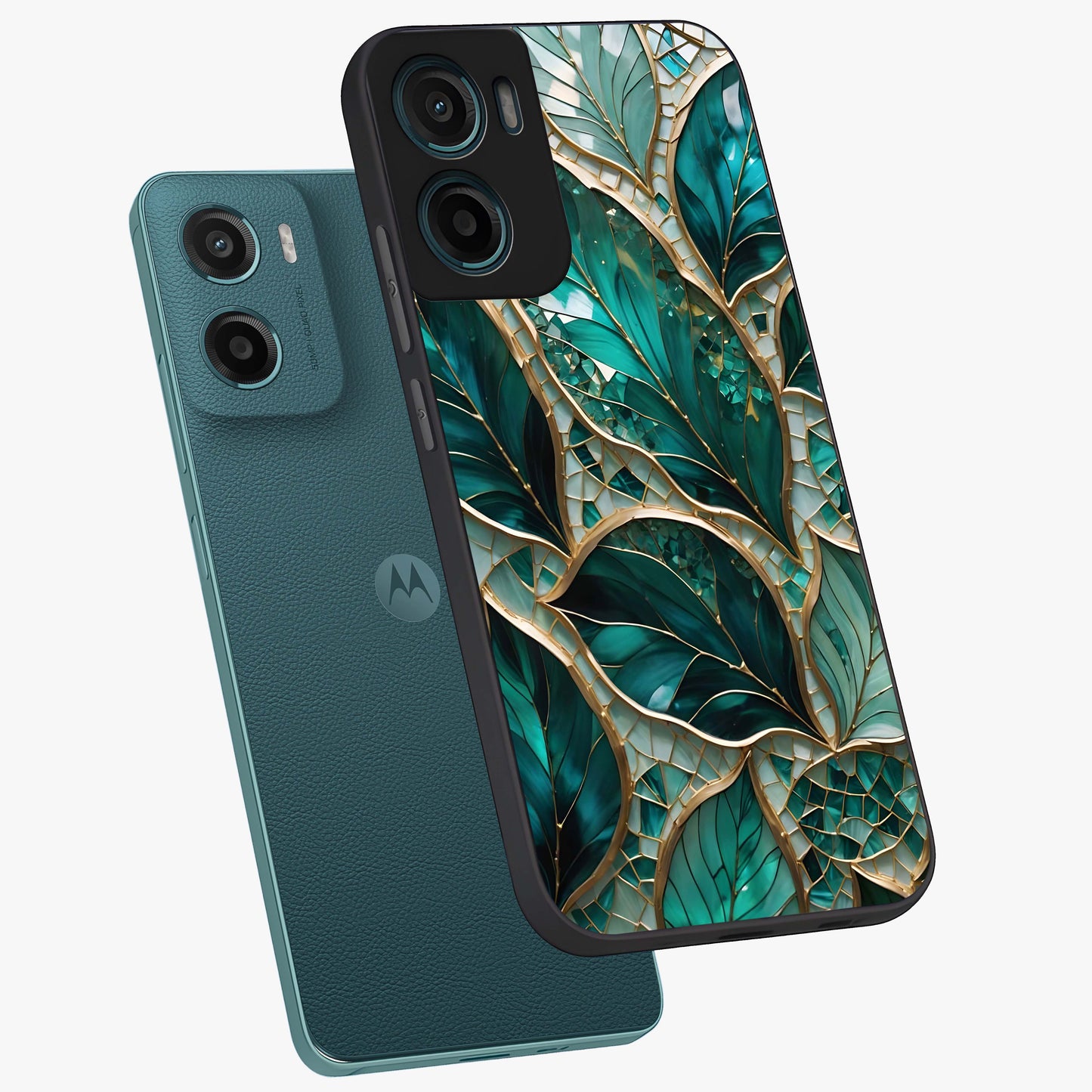 Emerald Leaf Glass Glass Case displayed in angled mockup highlighting botanical leaf illustration with elegant natural aesthetic.