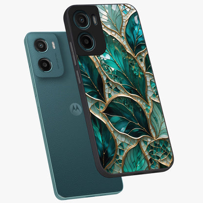 Emerald Leaf Glass Glass Case displayed in angled mockup highlighting botanical leaf illustration with elegant natural aesthetic.