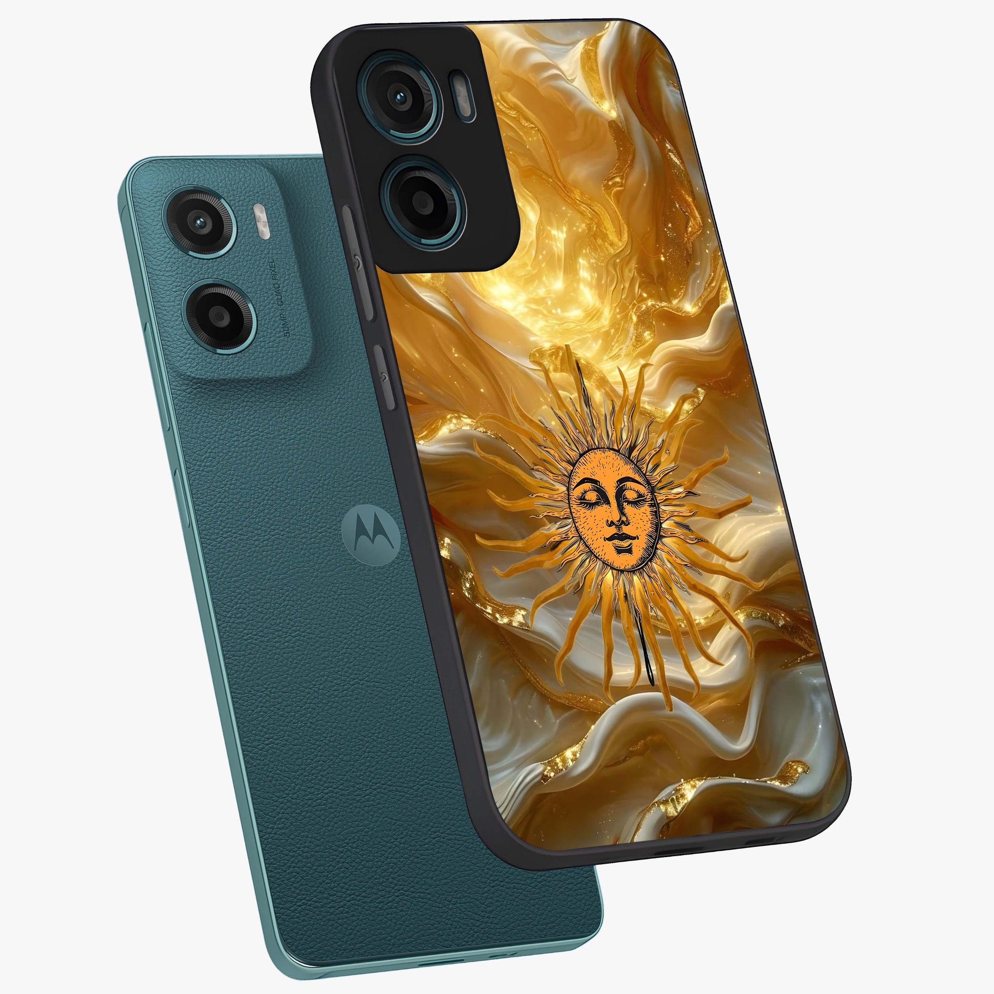Eternal Golden Glow Glass Case displayed in angled mockup highlighting glowing golden aesthetic design with elegant style.