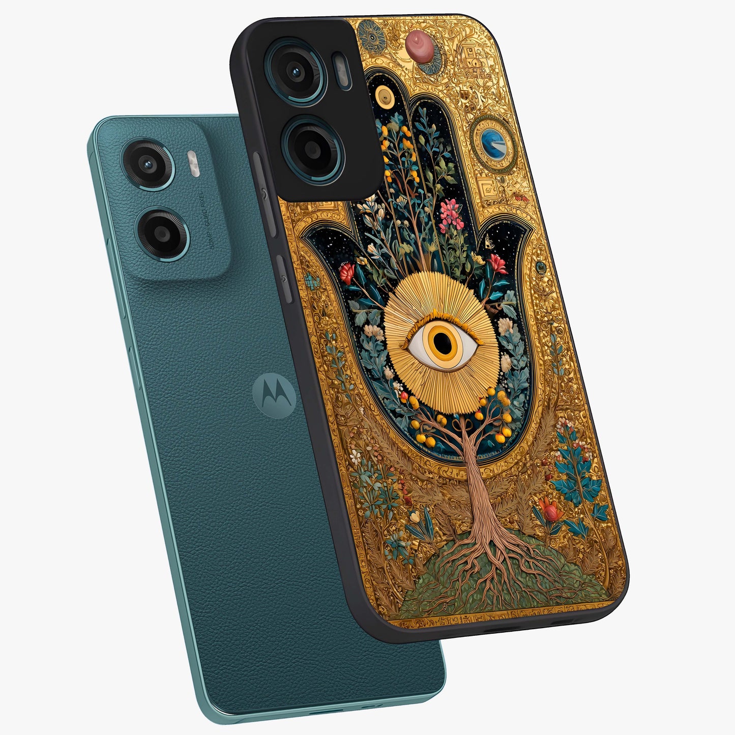 Ethereal Evil Eye Glass Case displayed in angled mockup highlighting protective evil eye symbol with spiritual aesthetic design.