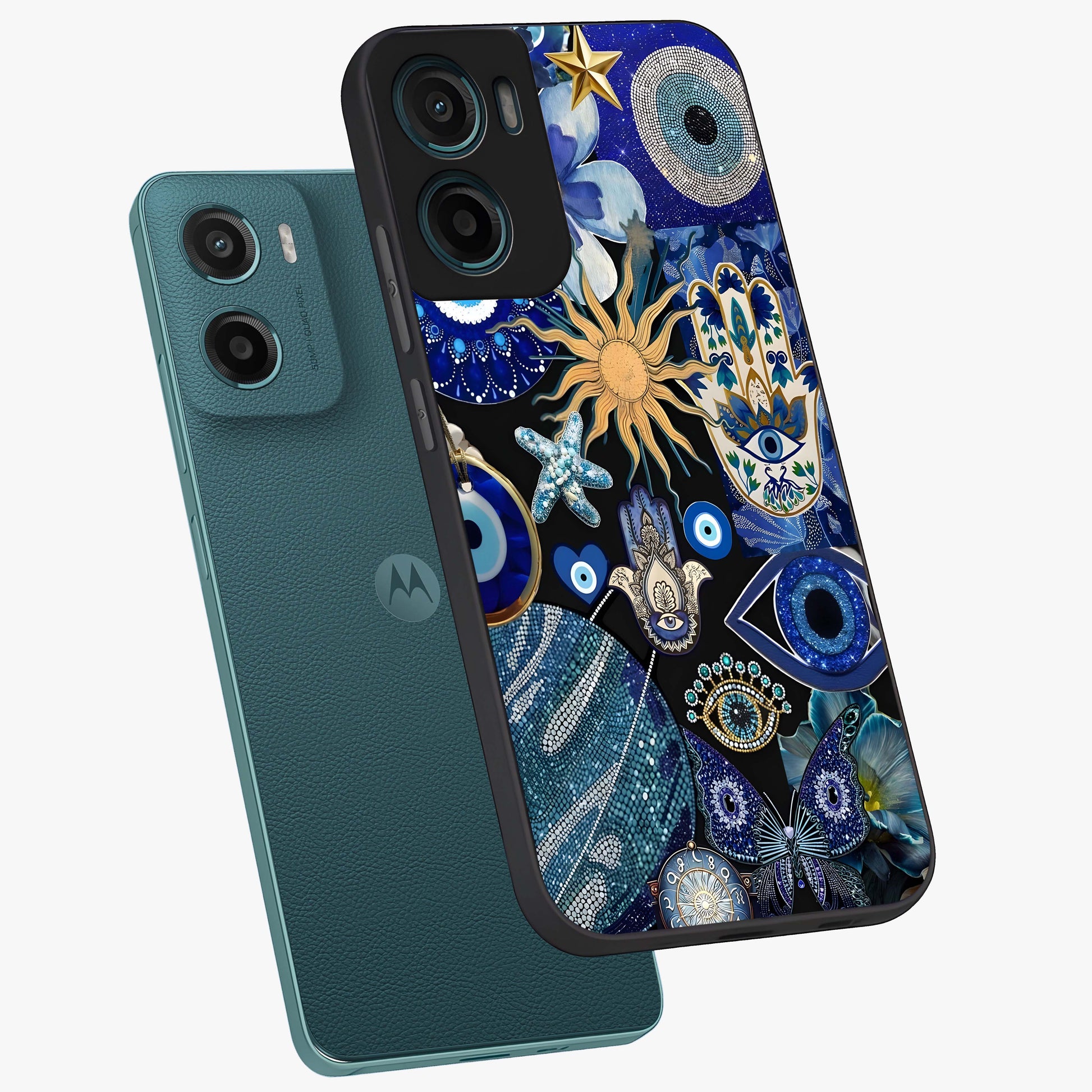 Evil Eye Charm Mix Glass Case displayed in angled mockup highlighting protective evil eye symbols with spiritual aesthetic design.