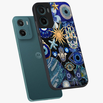Evil Eye Charm Mix Glass Case displayed in angled mockup highlighting protective evil eye symbols with spiritual aesthetic design.