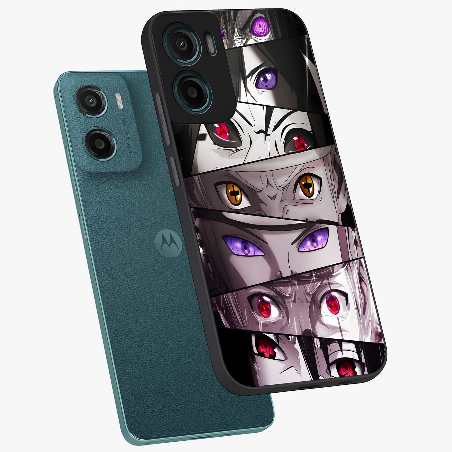Eyes of Destiny Glass Case displayed in angled mockup highlighting bold eye illustration with mystical aesthetic style.