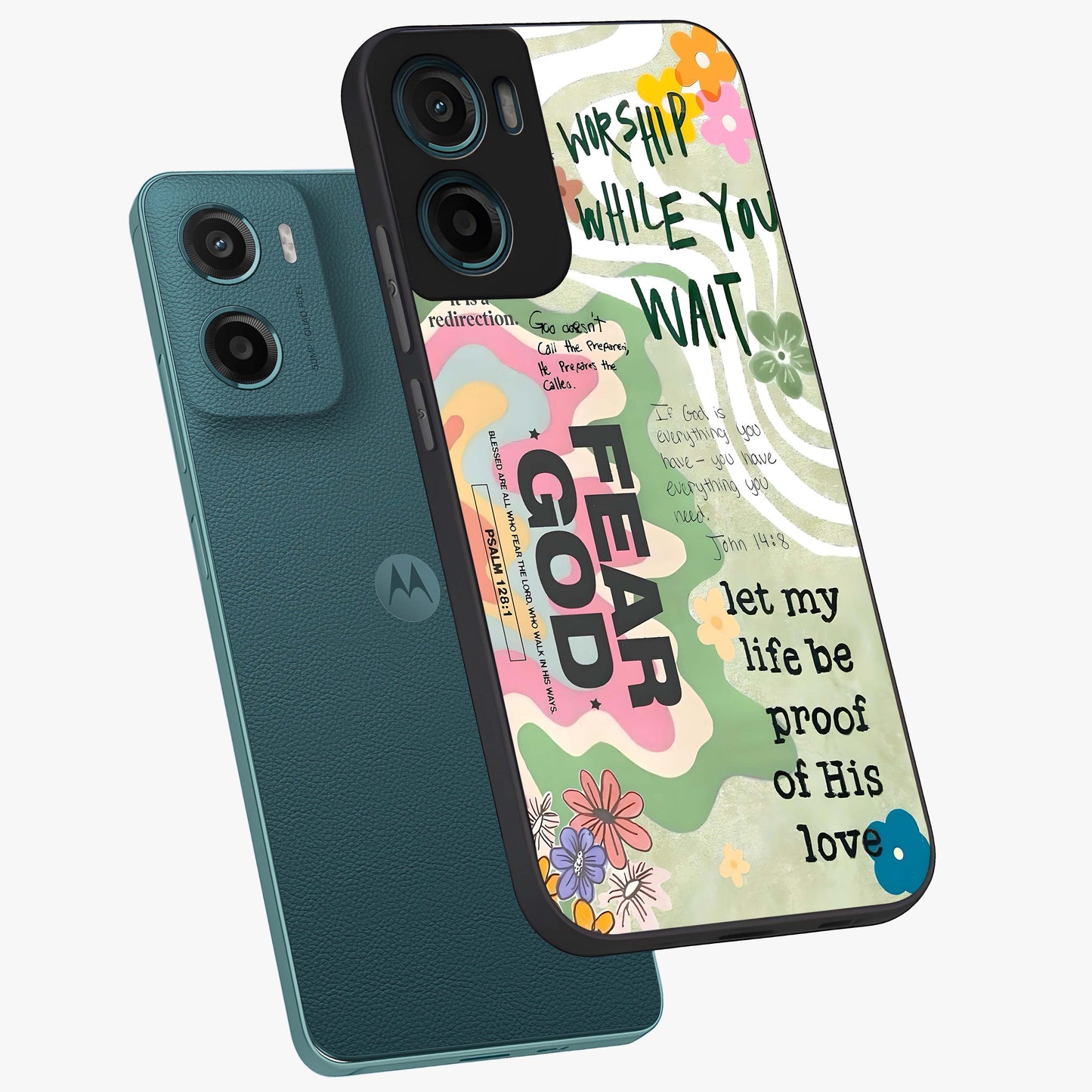 Faith Over Fear Glass Case displayed in angled mockup highlighting inspirational message design with modern aesthetic style.