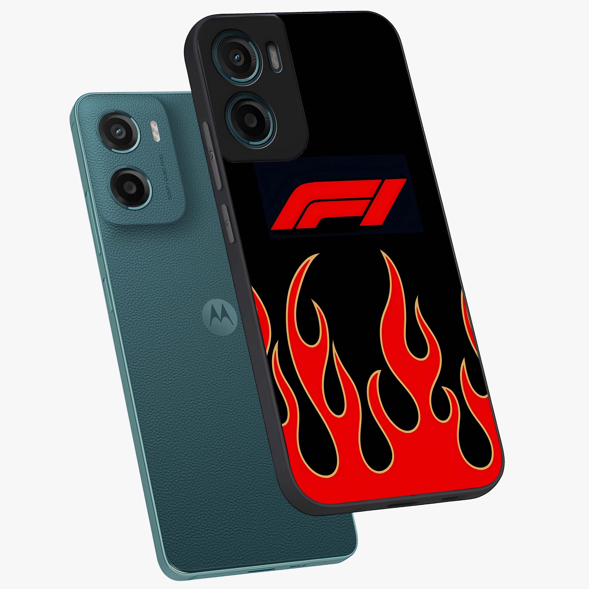 Fire F11 Glass Case displayed in angled mockup highlighting bold fire inspired graphic with energetic aesthetic style.
