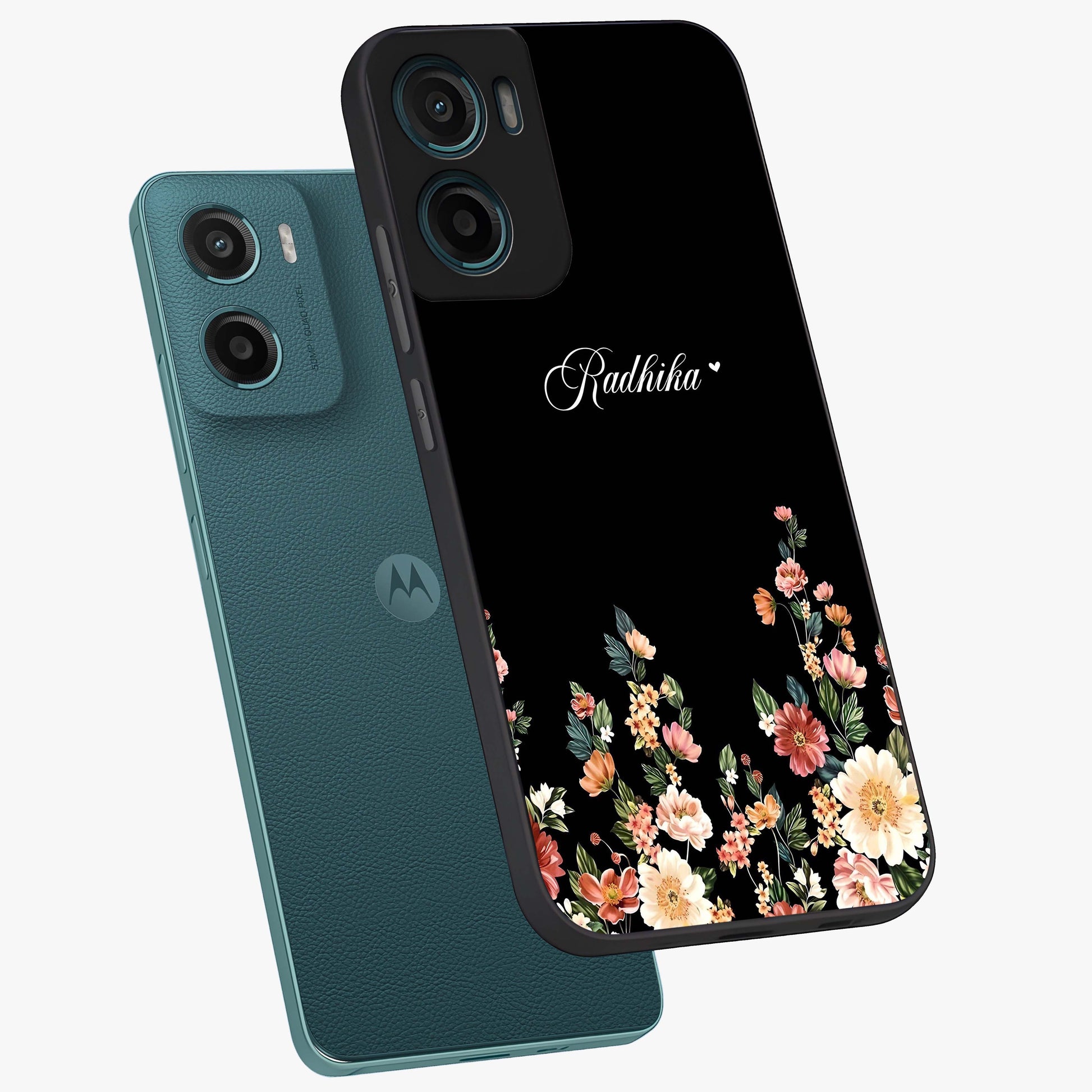 Floral Design With a Custom Personalized Name Glass Case displayed in angled mockup highlighting elegant floral pattern with custom name feature.