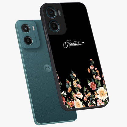 Floral Design With a Custom Personalized Name Glass Case displayed in angled mockup highlighting elegant floral pattern with custom name feature.