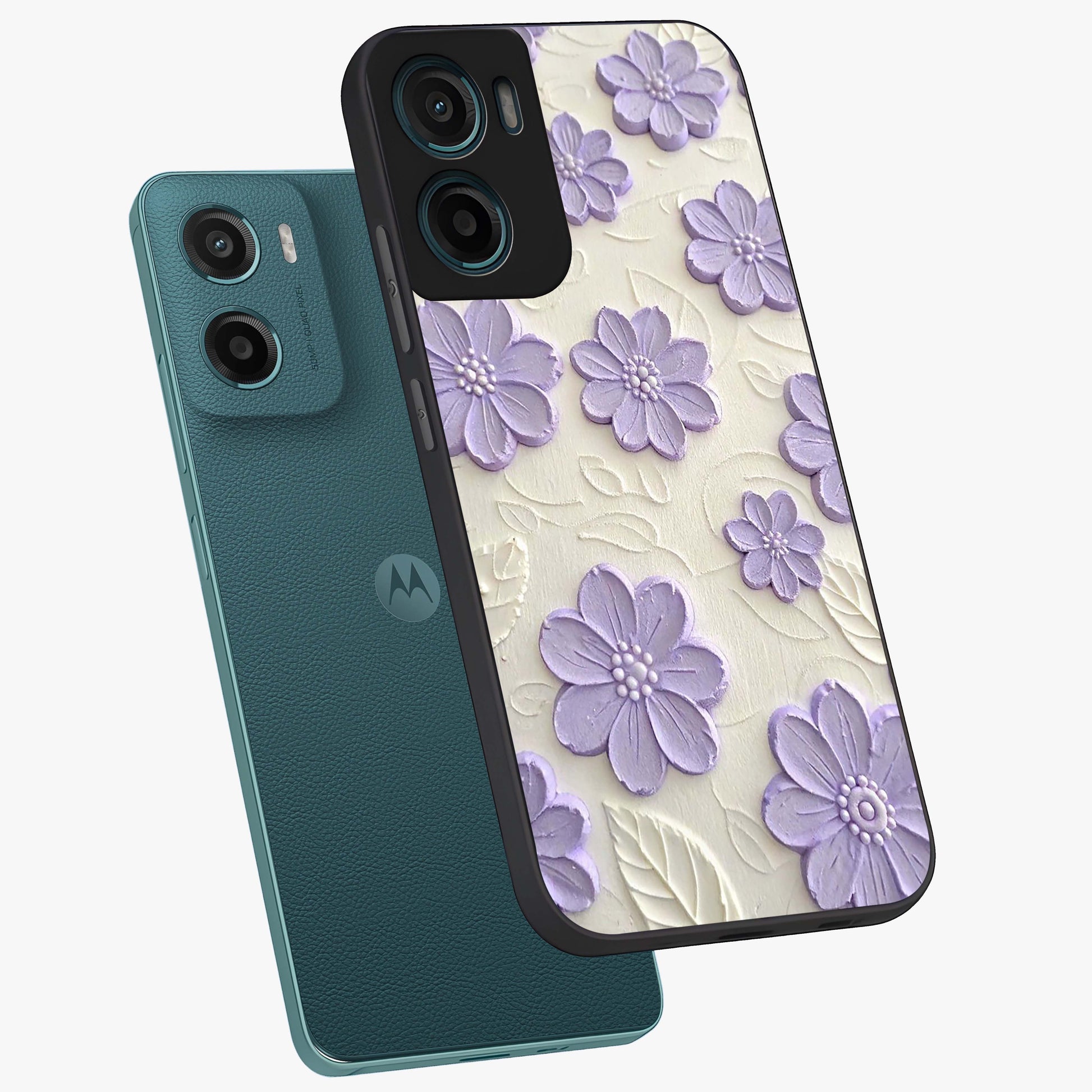 Floral Wall Art With Purple Flowers Glass Case displayed in angled mockup highlighting vibrant purple floral illustration with artistic aesthetic.