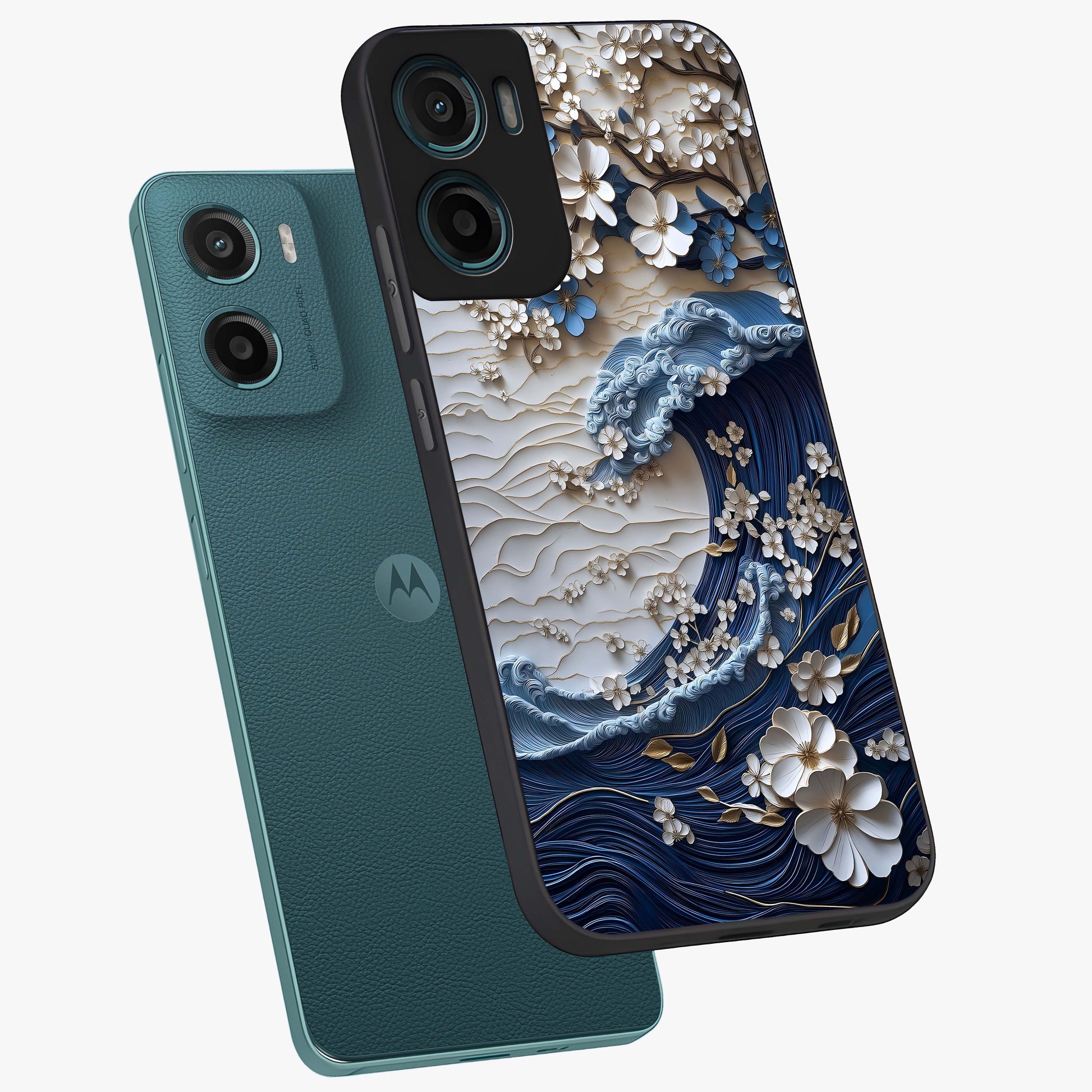 Floral Wave Origami Glass Case displayed in angled mockup highlighting geometric origami flower design with modern aesthetic style.