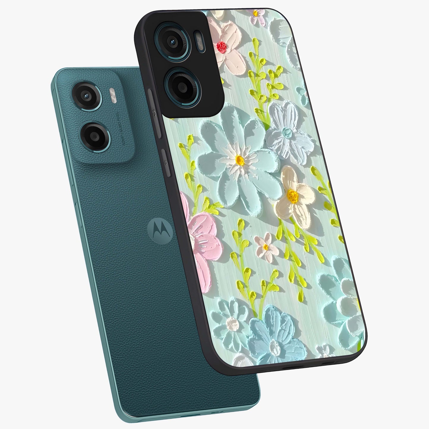 Frosted Petal Garden Glass Case displayed in angled mockup highlighting delicate flower petal design with calm garden aesthetic.